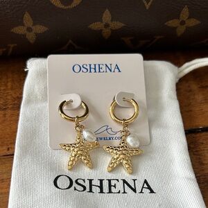 Oshena designer beachwear Gold Pearl Starfish Earrings FREE jewelry BOX